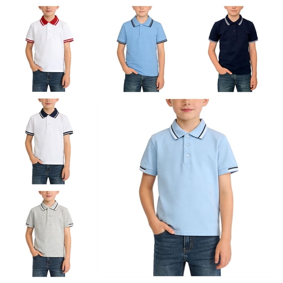 HAOTAGS Boys Classic Striped Polo Shirts,Soft Cotton Short Sleeve Button Placket Tee First Day Of School Tees Gray 9 T