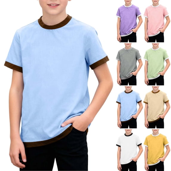 HAOTAGS Boys Color-Block Tee (3-12), Unisex Round-Neck Short-Sleeve Casual Summer Top Pink 3 Years