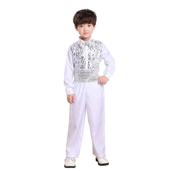 HAOTAGS Boys Costume Suit Sets, Glitter Dance Performance Recitation Two - Piece Set White 4-5Years
