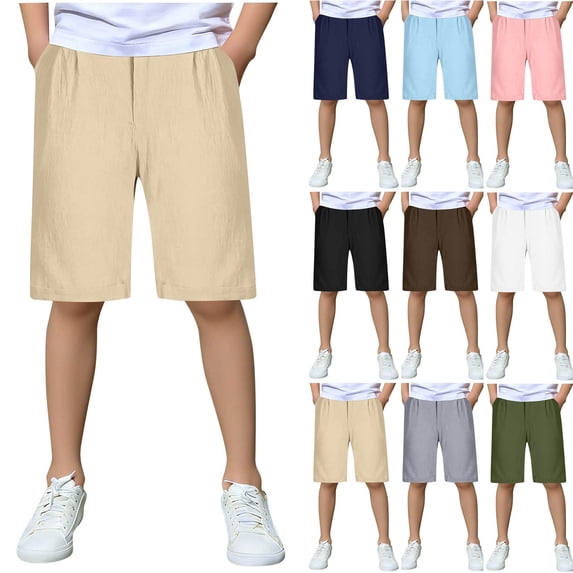 HAOTAGS Boys Cotton Linen Shorts (5-15), Elastic-Waist Straight-Fit Casual Shorts Lightweight Mid-Length Summer Trousers Beige 7-8 Years