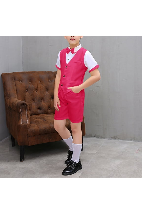 Boys Formal Suit, Host Recitation Ceremony Short Sleeve Bowtie Summer Performance Outfit Hot Pink 11-12Years