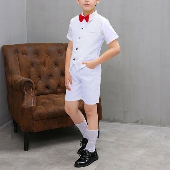 HAOTAGS Boys Formal Suit, Host Recitation Ceremony Short Sleeve Bowtie Summer Performance Outfit White 13-14Years