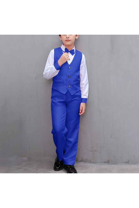 Boys Formal Suit Outfit Sets, Bow Tie Long Sleeve Shirts with Long Pants Performance Outfits Blue 3-4 T