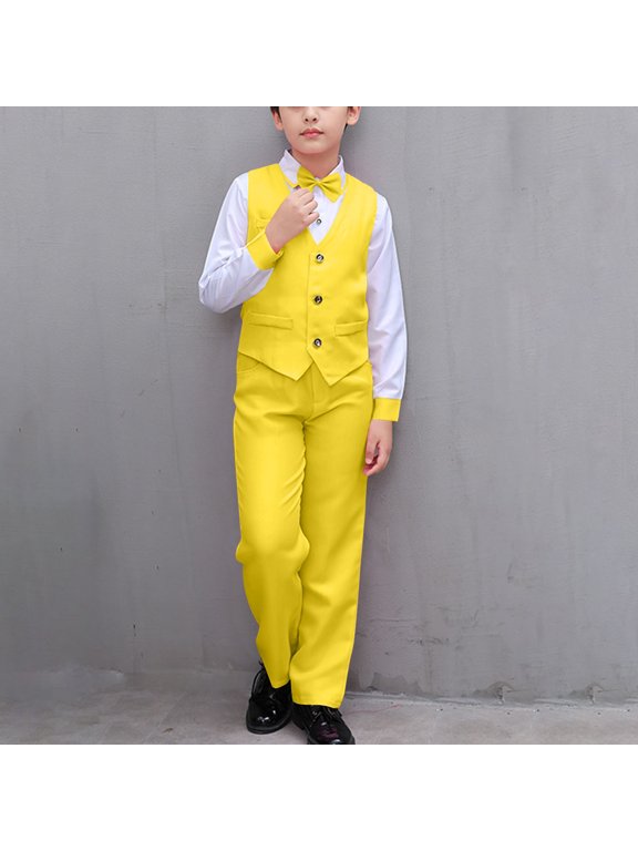 Boys Formal Suit Outfit Sets, Bow Tie Long Sleeve Shirts with Long Pants Performance Outfits Yellow 5-6T