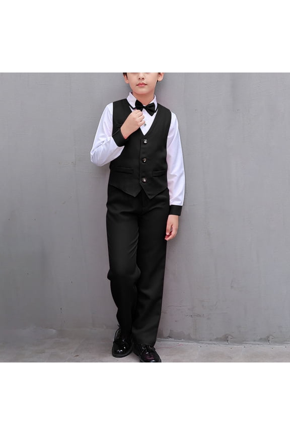Boys Formal Suit Outfit Sets, Bow Tie with Long Pants Long Sleeve Shirts Performance Outfits Black 11-12Years