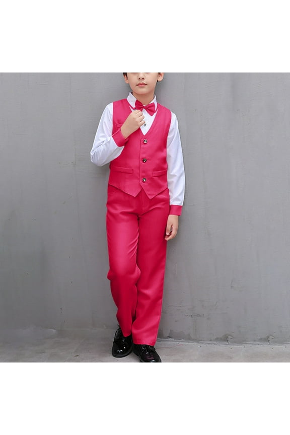 Boys Formal Suit Outfit Sets, Bow Tie with Long Pants Long Sleeve Shirts Performance Outfits Hot Pink 11-12Years