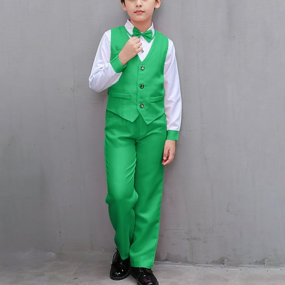 HAOTAGS Boys Formal Suit Outfit Sets, Long Sleeve Shirts Bow Tie with Long Pants Performance Outfits Green 11-12Years