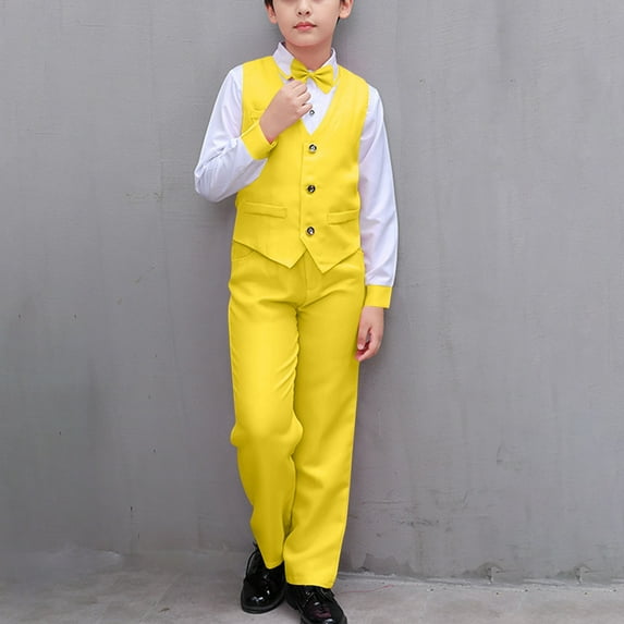 HAOTAGS Boys Formal Suit Outfit Sets, Long Sleeve Shirts with Long Pants Bow Tie Performance Outfits Yellow 9-10 Years