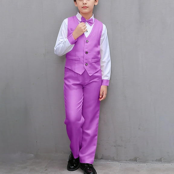 HAOTAGS Boys Formal Suit Outfit Sets, with Long Pants Bow Tie Long Sleeve Shirts Performance Outfits Purple 11-12Years