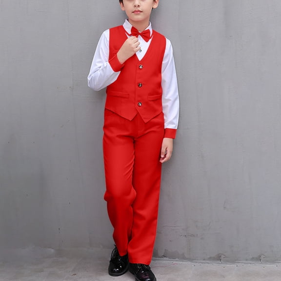 HAOTAGS Boys Formal Suit Outfit Sets, with Long Pants Long Sleeve Shirts Bow Tie Performance Outfits Red 7-8 Years