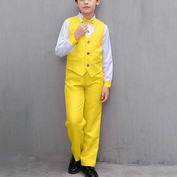HAOTAGS Boys Formal Suit Outfit Sets, with Long Pants Long Sleeve Shirts Bow Tie Performance Outfits Yellow 7-8 Years