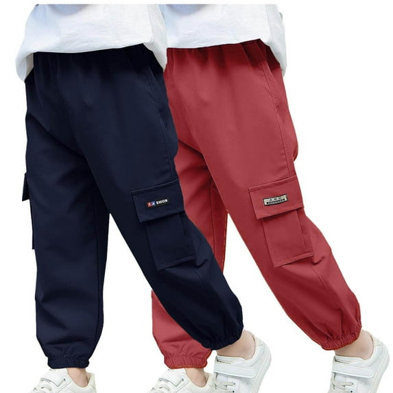 HAOTAGS Boys Girls 2PC Cargo Pants with Pockets,Lightweight Stretch Solid Elastic Waist Child Jogger Pants Set Brown 3-4Years