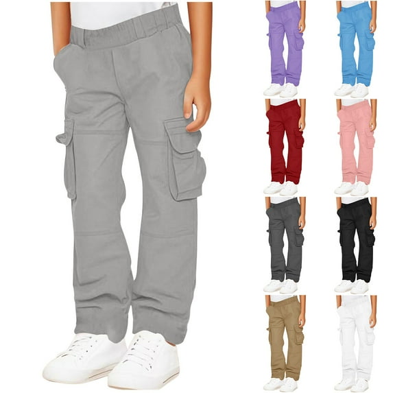 HAOTAGS Boys Girls Cargo Pants,Multiple Pockets Breathable Solid Color Elastic Waist Kids Outwear Pants Gray 9 Years
