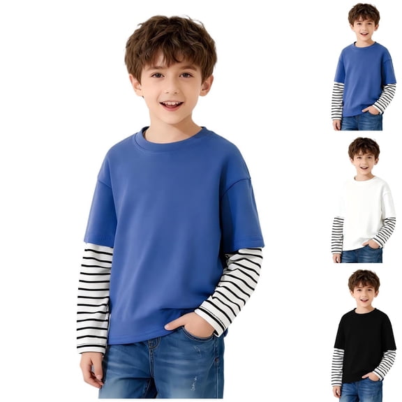 HAOTAGS Boys Girls Fake Two - Piece T - Shirt, Spring/Fall Striped Long - Sleeve Classic Shirt Blue 5-6 Years