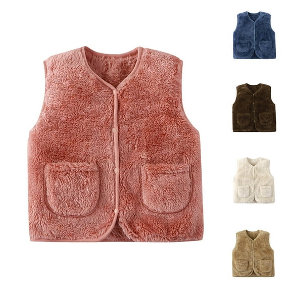 HAOTAGS Boys Girls Fleece Vest, Buttoned Sleeveless Warm Jacket for Fall Winter Brown 4-5Years
