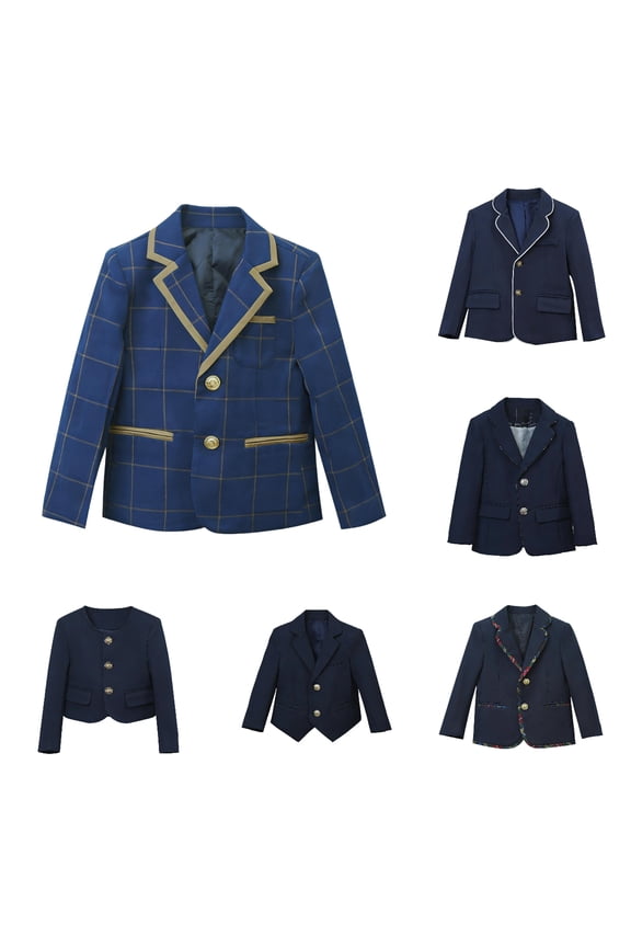 Boys Girls Lapel Jacket,English College Style Back - to - School Plaid School Uniform Blazer Blue 5-6 T