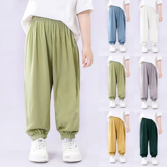 HAOTAGS Boys Girls Long Pants, Elastic Waist with Pocketed Breathable Summer Kid's Pants Green 6-7Years