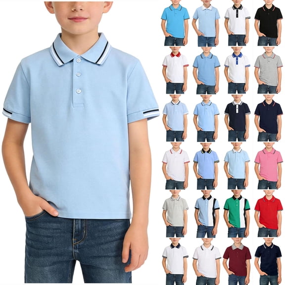 HAOTAGS Boys Girls School Polo Shirt(2-15Y), Button Collar Short-Sleeve Casual T-shirts for Summer Light Blue 3-4 Years