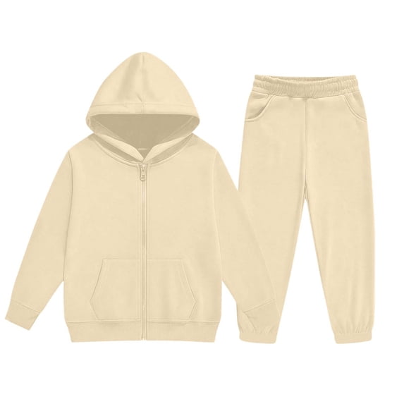 HAOTAGS Boys Girls Sweatsuit Set,2-Piece Hoodie Zip Up with Jogger Pants Fall Winter Fleece Lined Sets Beige Size 3T
