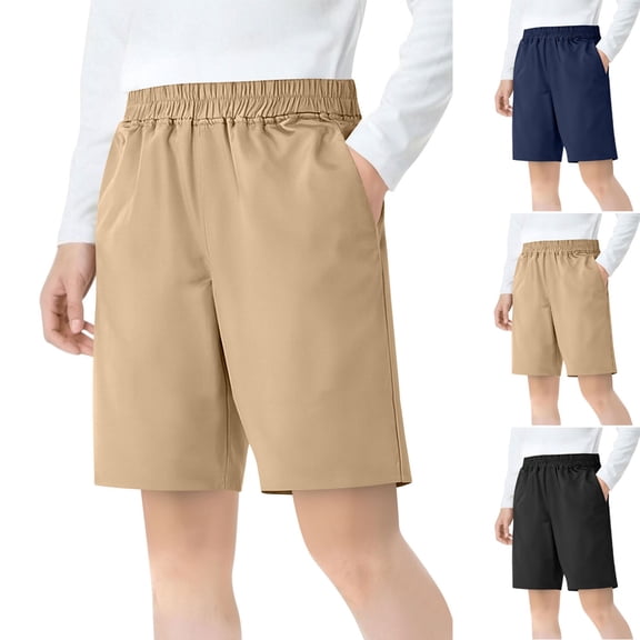 HAOTAGS Boys Girls Uniform 5" Shorts (4-15), Lightweight Summer School Pants Elastic Waist Unisex Thin Knee-Length Trousers Khaki 5-6 Years
