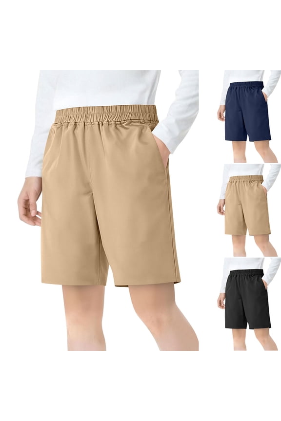 Boys Girls Uniform 5" Shorts (4-15), Lightweight Summer School Pants Elastic Waist Unisex Thin Knee-Length Trousers Khaki 5-6 Years