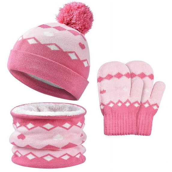 HAOTAGS Boys Girls Winter Hat Set,Warm Ear Flap Hat Mittens Thick 3 Piece Headwear Set Pink Free Size