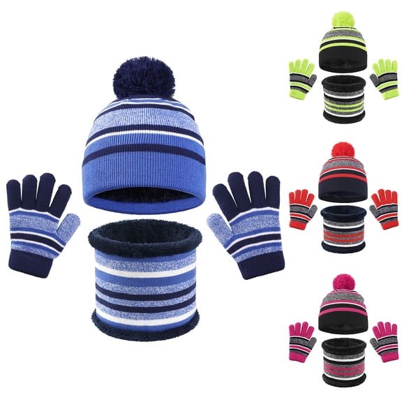 HAOTAGS Boys Hat Sets,Thick Warm Winter Fleece Hat,Gloves & Scarf 3-Piece Set Blue Free Size