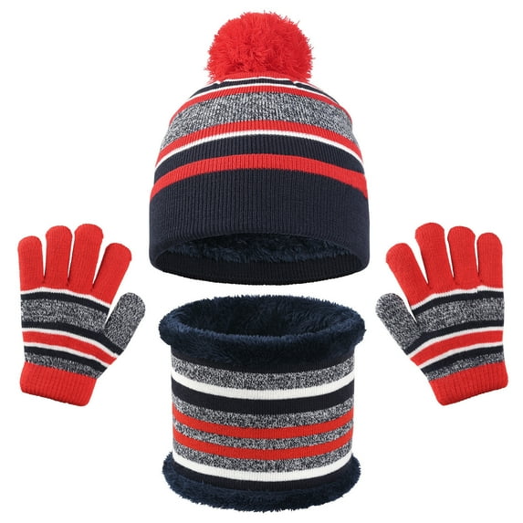 HAOTAGS Boys Hat Sets,Winter Fleece Thick Warm Hat,Gloves & Scarf 3-Piece Set Red Free Size