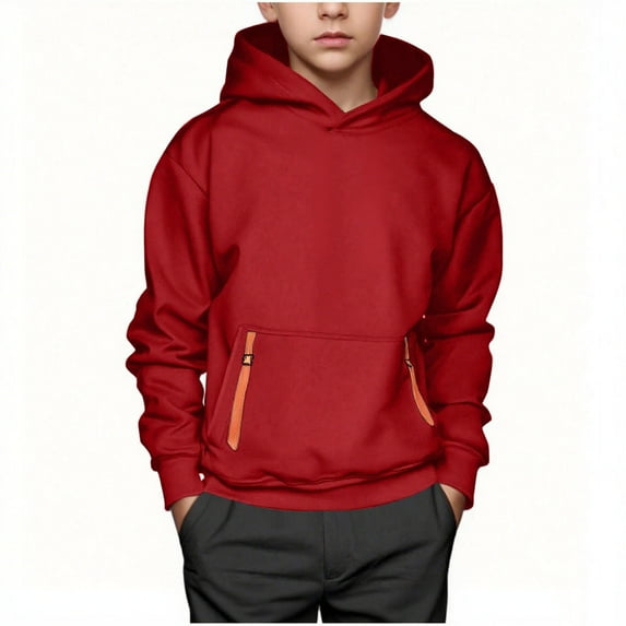 HAOTAGS Boys Hooded Hoodie, Casual Loose Thickened Fleece Pullover Sweatshirts Red 6-7Years