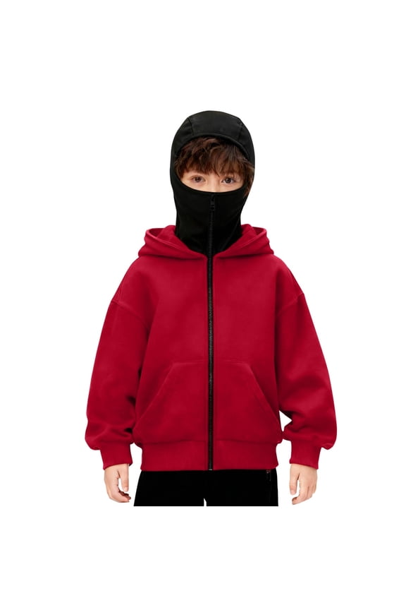 Boys Hooded Jacket with Face Mask, Casual Zipper With Pockets Winter Outwear Jacket Red 8-9Years