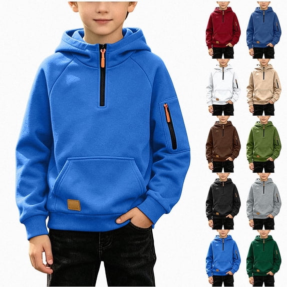 HAOTAGS Boys Hooded Sweatshirt (4-15) Soft Warm Long Sleeves Quater Zipper Pockets Sport Hoodie Blue Size 8
