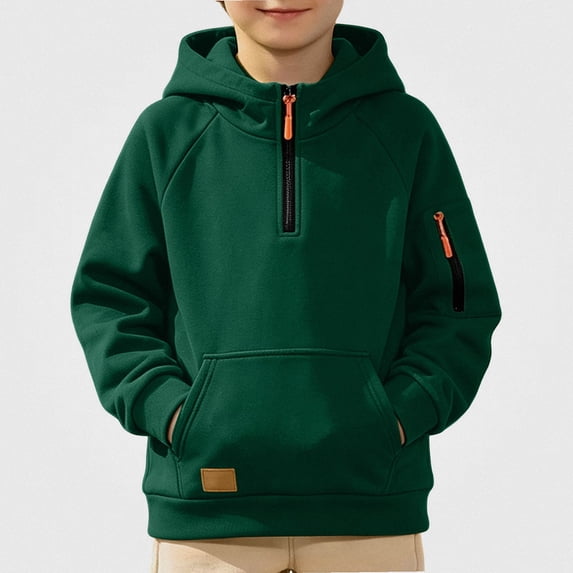 HAOTAGS Boys Hooded Sweatshirt (4-15) Soft Warm Long Sleeves Quater Zipper Pockets Sport Hoodie Green Size 10