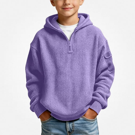 HAOTAGS Boys Hooded Sweatshirt Fall Winter Waffle Knit Half Zipper With Pocket Sporty Tops Purple Size 11