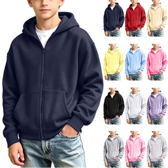 HAOTAGS Boys Hoodie Full Zip Long Sleeve Solid Color Casual Sweatshirt with Pockets Lightweight Pullover Jacket Navy Size 8