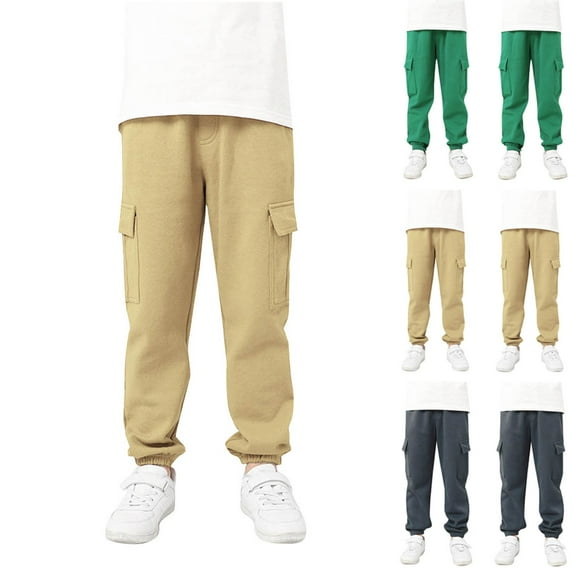 HAOTAGS Boys' Joggers Casual Pants, Comfortable Fit Breathable Elastic Waist Sports Cargo Trousers Khaki 5-6 Years