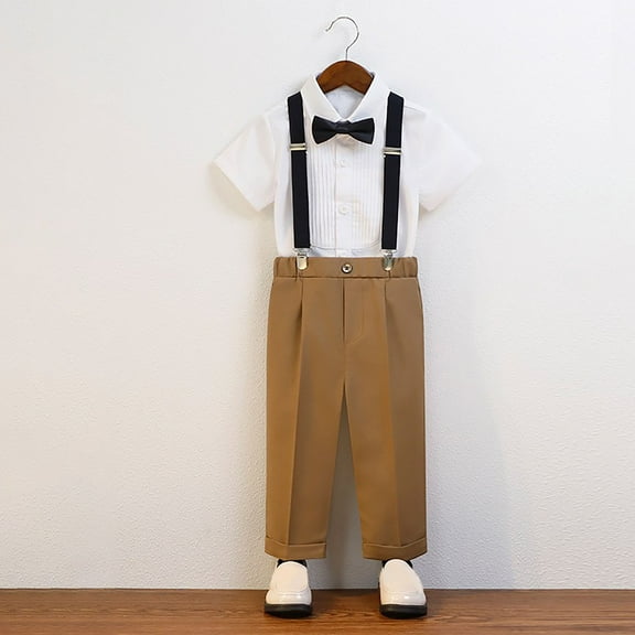 HAOTAGS Boys Kids Dress Pants, With Button Elastic Waist Casual Formal Trousers Coffee 3-4T