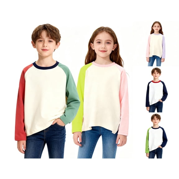 HAOTAGS Boys Long Sleeve T-shirts(3-14), Color Block Cotton Pullover Tops Casual School Tee Orange 7-8 Years