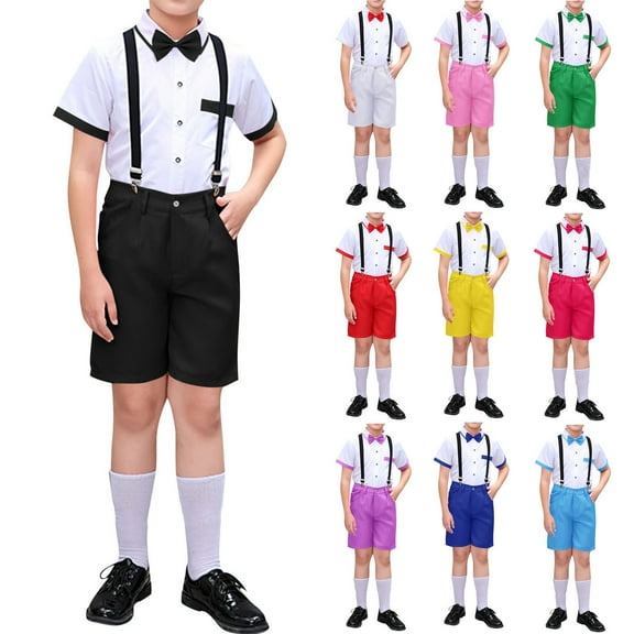 HAOTAGS Boys Performance Outfit Sets, Formal Summer Host Attire Solid Tuxedo Short Sleeve Suit Set Black 3-4 T