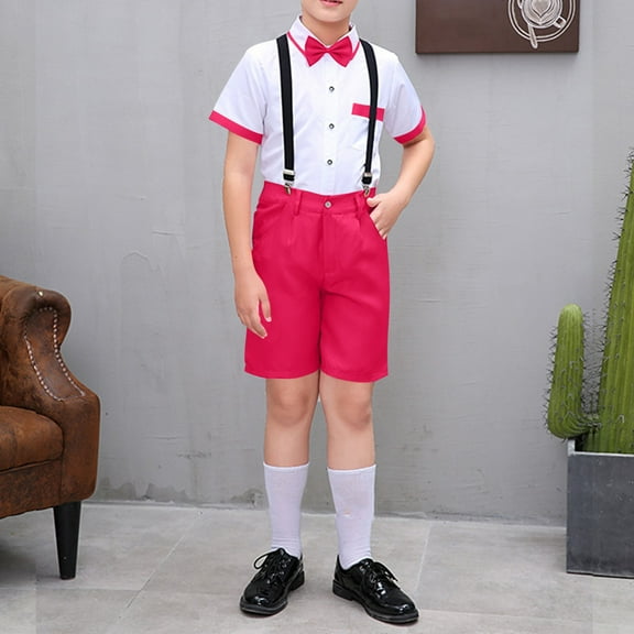 HAOTAGS Boys Performance Outfit Sets, Host Attire Formal Summer Solid Tuxedo Short Sleeve Suit Set Hot Pink 3-4 T