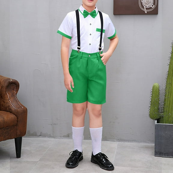 HAOTAGS Boys Performance Outfit Sets, Host Attire Solid Tuxedo Formal Summer Short Sleeve Suit Set Green 3-4 T