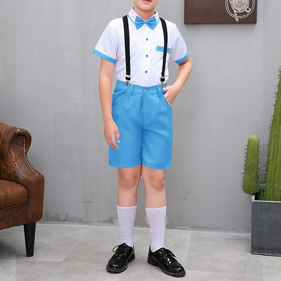 HAOTAGS Boys Performance Outfit Sets, Host Attire Solid Tuxedo Formal Summer Short Sleeve Suit Set Sky Blue 5-6T