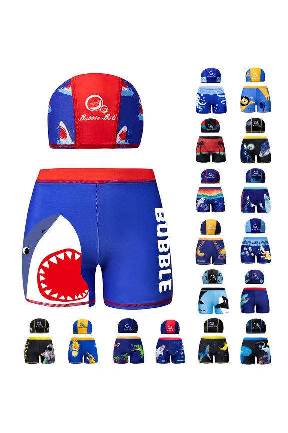 Boys Printed Swim Trunks + Matching Cap Set, Elastic-Waist Quick-Dry Shorts Summer 2 Piece Swimsuit Set Red 5-6 Years