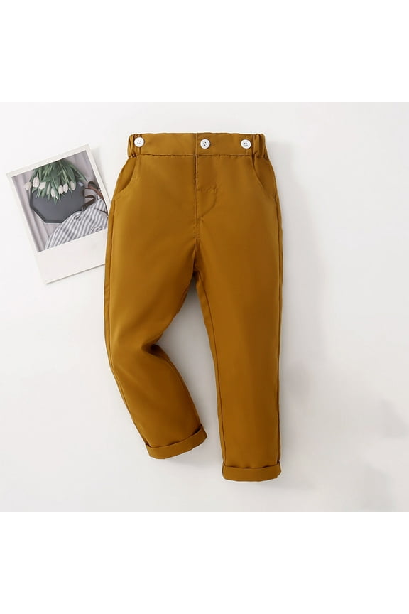 Boys' Pull-on Relaxed Fit School Uniform Pant With Button Casual Stright Type Pants Brown Size 12 Months