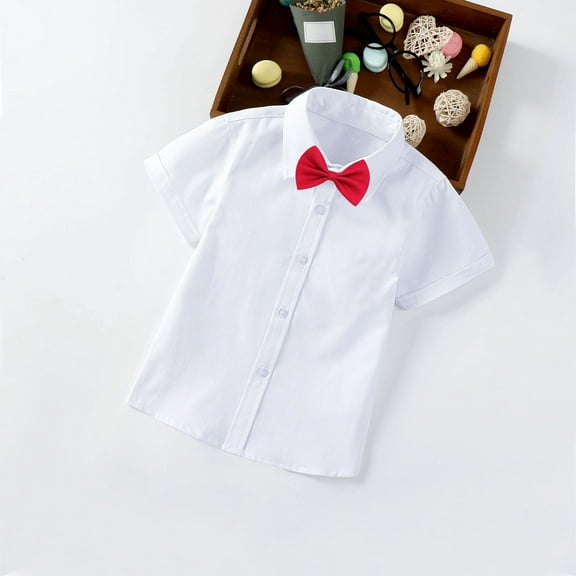 HAOTAGS Boys' School Uniform Chest Pocket Breathable Fabric with Cute Bow Tie Short Sleeve Button-Down Shirt Beige Size 8-9 Years