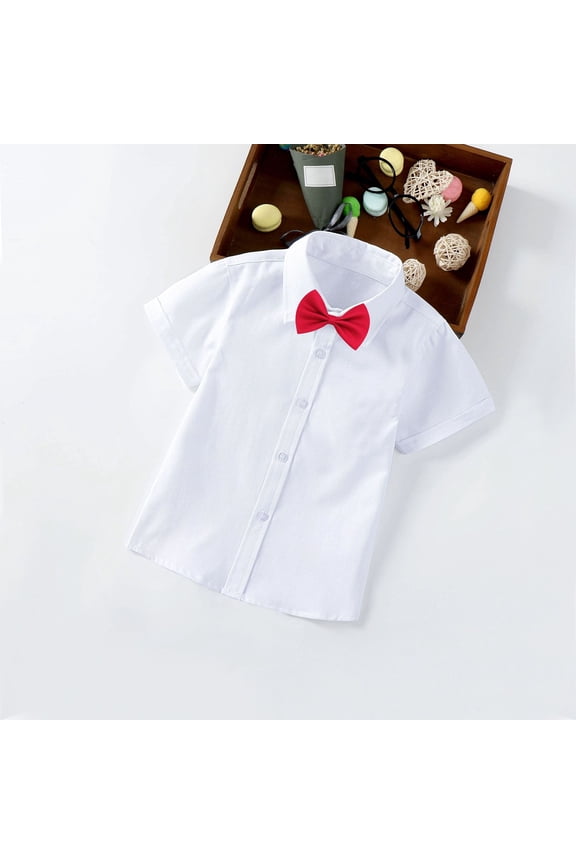 Boys' School Uniform Chest Pocket Breathable Fabric with Cute Bow Tie Short Sleeve Button-Down Shirt Beige Size 8-9 Years