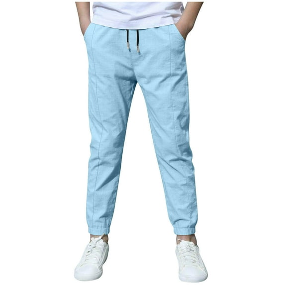 HAOTAGS Boys School Uniform Pants, Lightweight Solid Color Elastic Waist Joggers for Kids Light Blue 6-7 Years