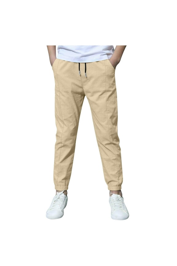 Boys School Uniform Pants, Solid Color Lightweight Elastic Waist Joggers for Kids Beige 6-7 Years