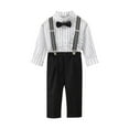 thumbnail image 1 of HAOTAGS Boys School Uniform Striped Long Sleeved Shirt with Strap Pants with Bowknot Four Piece Set Black Size 5 Years, 1 of 5