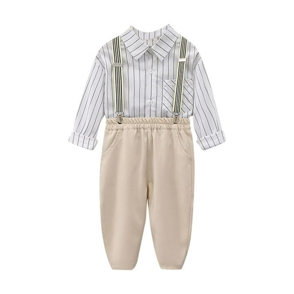 HAOTAGS Boys School Uniform Striped Long Sleeved Shirt with Strap Pants with Bowknot Four Piece Set Khaki Size 11 Years