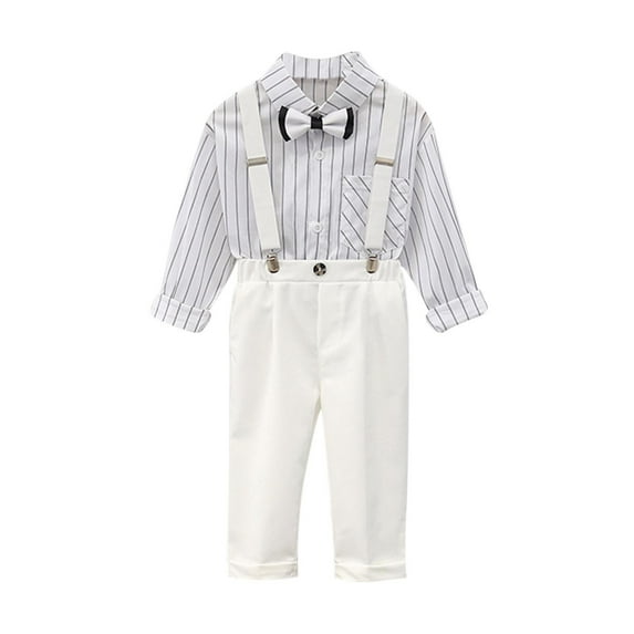 HAOTAGS Boys School Uniform Striped Long Sleeved Shirt with Strap Pants with Bowknot Four Piece Set White Size 6 Years